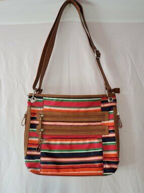(A1116) GAL Functional Black Red Pink Striped Nylon Handbag
